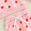 Kläduppsättningar barnfödda flickor Valentins dagslång ärm hjärttryck Sweatshirt dragsko byxor pannband