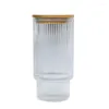 Water Bottles 11oz Vertical Pattern Stacked Cup Bamboo And Wood Lid Straw Juice Beverage Copa De Bebidas