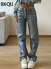 Dames Jeans BKQU Metallic Hoge Taille Rechte Vrouwen 2024 Herfst Afdrukken Losse Wijde Pijpen Denim Broek Streetwear Harajuku Vintage