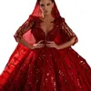 Princesa vermelho quinceanera vestido com decote em v manga longa lantejoulas vestido de baile elegante vestidos de tule com véu