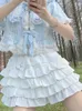 Kjolar vita fairy kvinnor hög midja smal a-line 2024 japansk bågtryck kvinna mode kawaii mini kjol sommar söt
