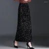 Skirts 2024 Spring Fall Women High Waisted Sequined Wine Red Black Placket Long Skirt Woman Fashion Slim Glitter Bling