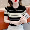 2024 summer new crew-neck T-shirt short-sleeved women's thin striped sweater looks thin pure wind and half sleeve