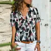 Damesblouses Zomer Shirts met korte mouwen Revers Enkele borst T-shirts V-hals Dames Tops Dames Patroonblouse Vrouwelijk Casual Los T-shirt