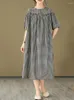 Abiti da festa Manica corta Oversize in cotone e lino Plaid vintage per le donne Abito estivo lungo allentato casual Abbigliamento elegante 2024