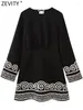 Casual Dresses Zevity Women Vintage O Neck Long Sleeve Hem Embroidery Black Mini Dress Female Chic Back Lace Up Court Kimono Vestidos DS4844