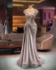 Arabe Aso Ebi Argent Sirène Luxueux Robes De Bal Sheer Cou Perles Cristaux Soirée Formelle Deuxième Réception Robes Robe 0201