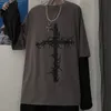 Vintage Kreuz Druck T-shirt Männer Hip-pop Jugend Langarm T-shirt Dark Academia Outwear Tees Mode Harajuku Gefälschte 2-stück 240125