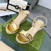 8.5cm Linen Wedge Leather Ankle Strap Summer Holiday Platform Womens Designers Sandal Hand Made Shoe Metal Buckle Decoration High Heels luxury designer sandals