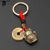 Keychains Lanyards Pure Handmade Brass Lucky Cat Car Keychain Lucky Cat Five Emperors Money Keychain Feng Shui Coins Solid Lucky Key Rings Q240201