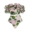 Kvinnors badkläder Leaf Print One Piece Swimsuit For Woman 2024 Off Shoulder Outfit Female Bandeau Holiday Designer Beach Bathing Suit