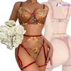 Bras Sets Lingerie Set Sensual Lace Underwear Transparent Embroidery 3 Pcs Garters Fancy Beautiful Short Skin Care Kits Intimate Bra