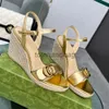 8.5cm Linen Wedge Leather Ankle Strap Summer Holiday Platform Womens Designers Sandal Hand Made Shoe Metal Buckle Decoration High Heels luxury designer sandals