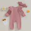 Spring Autumn Baby Solid Color Romper Girls Soft Oneck långärmad Ruffled Jumpsuit med Bow pannband Kidskläder Baby Costume 240118