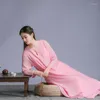 Ethnic Clothing Pink Sweet Vintage Long Top Wide Leg Pants Suit Casual Loose Elegant Women Chinese Style Two Piece Set Zen Simple Solid