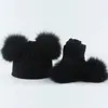 Children Real Natural Fur Pompom Hat Baby Kids Winter Knitted Hat And Scarf Set Boys Girls 4 pieces Pom Beanie Cap 240124