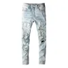Men Crystal Holes Ripped Patchwork Jeans Streetwear Light Blue Denim Slim Skinny Pencil Pants Trousers 240125