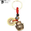 Keychains Lanyards Pure Handmade Brass Lucky Cat Car Keychain Lucky Cat Five Emperors Money Keychain Feng Shui Coins Solid Lucky Key Rings Q240201