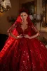 Princesa vermelho quinceanera vestido com decote em v manga longa lantejoulas vestido de baile elegante vestidos de tule com véu