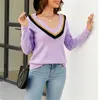 Women's Sweaters Elegant Purple Sweater Knitted Pullovers Long Sleeve Top V-neck Knitwear Women Jumper Casual Outfits Pull Femme