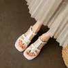 Sandaler 2024 Kvinnor Microfiber Summer Retro Ladies Open Toe Shoes Beige Apricot Square Heeled Fashion Casual Women's