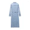 Robes décontractées Traf Blue Denim Robe Femme Tie Belt Midi Jean Chemit 2024 AUTUME ÉLÉGANT Long pour la manche