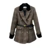 Women's Jackets Designer Brand Early Spring New High-end British Style Velvet Patchwork Collar and Cuffs Slim Fit Plaid Waistband Jacket IQRI