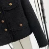 Damen-Klassiker, Frühling, Herbst, Winter, Retro-Stil, dicker Tweed-Kurzmantel, schwarze Jacken 240201