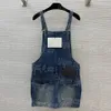 uxury designer denim kjol playsuits kvinnor casual daglig blå jean rompers klänning stor pocket kjol klänning