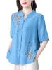 Blusas de mujer Camisa de algodón y lino para mujer en Primavera Verano 2024 Top de manga corta bordado para madres