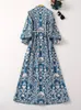 Casual Dresses Catwalk High Quality Ladies Spring Fashion Blue Print Bohemian Elegant Chic Pretty Travel Lantern Sleeve Long Dress