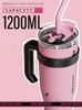 Termoser 1250 ml KPOP Svart och rosa termiskt vattenflaska rostfritt stål tumlare med handtag halm kopp bärbar bil kaffemugg dryck