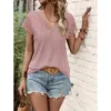 Women's T Shirts Sexy V Neck Hollow Lace Patchwork Short Sleeve Tee Femmes Summer Fashion Casual Solid Loose Tops Clothing 2024