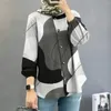 Camicette da donna Camicia da lavoro da donna Girocollo stampato Cardigan a maniche lunghe con polsini elastici Bottoni larghi Monopetto di media lunghezza