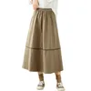 2024 Baumwolle Vintage Khaki Rock Damen Kontrast stromlinienförmiger elastischer Taille A-Linie Rock Herbst