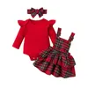 Clothing Sets Pudcoco Baby Girl Fall Outfits Solid Ribbed Crew Neck Long Sleeve Rompers Ruffles Plaid Suspender Skirts Headband 3Pcs Set