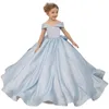 2024 Sky Blue Satin Flower Girl Dresses Off Rammer Luxury Puffy Kids Birthday Komunicja z dużym łuk