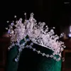 Hårklipp barock lyxig frontlet kristallpärlor brud tiaras krona rhinestone tävling diadem brud huvudstycke bröllop tillbehör