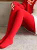 Red Plush Women Leggings Winter Thicken Solid All-match Pantyhose Year Thermal High Quality Velvet Elastic Pants 240201