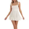 Casual Dresses Edhomenn Women Short Flowy Dress Square Neck Cute White Mini Backless Y2k A Line Ruffle Ruched Lace