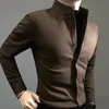 Spring Autumn Male Stand Collar Thick Warm Bottoming Shirt Homme Long Sleeve Casual Fashion Vintage Buttons Blouse Men Top Homme 240201