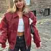 Kurtki damskie Traf Red Bomber Zip Up Autumn Zima Płaszcz Kobieta Faux Skórzana kurtka Kobieta Długie rękaw w sezonie Demi