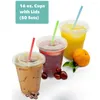 Disposable Cups Straws 100 Sets Cup With Dome Lid Plastic Iced Cold Drink Coffee Tea Smoothie Transparent Non-slip Home Portable Accessories