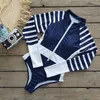 Women's Swimwear Striped Color Block Zipper Front Athletic Sports Bathing Suit Rash Guards