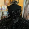 2024 Black Shiny Sweetheart Quinceanera Dresses Off Shoulder Sequined Beads Chapel Train Corset Prom Vestido de Debutante 15 Anos