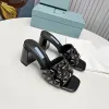 Preto cravejado de couro metálico mules chinelos para mulheres sandálias de salto bloco senhora casual salto grosso slides verão sola de borracha