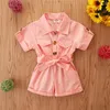 Ensembles de vêtements Enfants Baby Girls Vêtements Solide Couleur Coton Combinaison Bouton Avant Short à manches courtes Body Taille effilée Été 1-6 ans