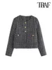 Trafo Women Moda Cepleri Tüvit Jack Coat Vintage Uzun Kollu Ön Düğmesi Kadın Dış Giyim Şık Tops 240201