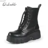 Boots 2023 New Punk Women Platform Boots الكاحل أحذية الإناث الصخور جولة إصبع القدم الدانتيل حتى الأزياء الرجعية أحذية مكتنزة ديكور المعادن أحذية قصيرة