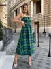 Abiti casual senza maniche estate donna fasciatura lunga sexy boho beach slip dress blu verde plaid maxi per il 2024